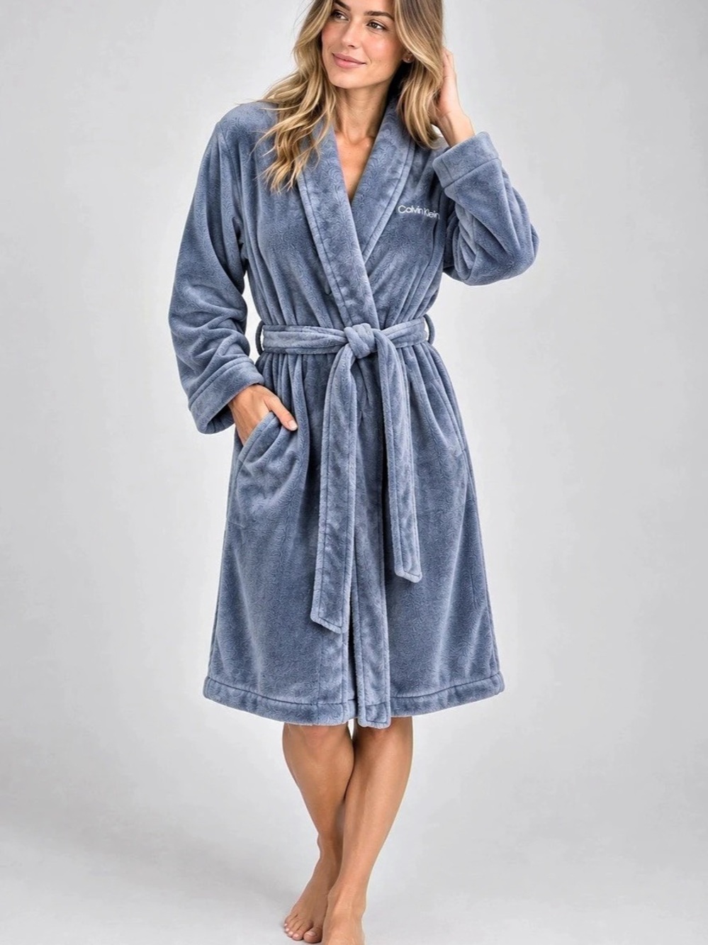 Calvin Klein Women’s Plush Fleece Robe XS/S Blue Belted Shawl Collar Sleepwear
